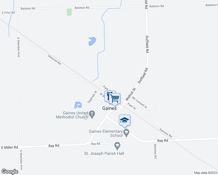 map of restaurants, bars, coffee shops, grocery stores, and more near 220 Park Street in Gaines