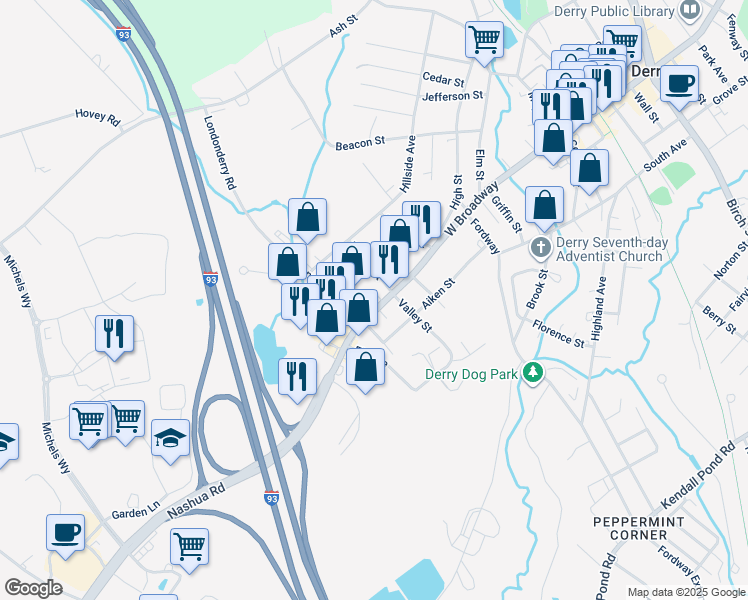 map of restaurants, bars, coffee shops, grocery stores, and more near 4 Nashua Road in Londonderry