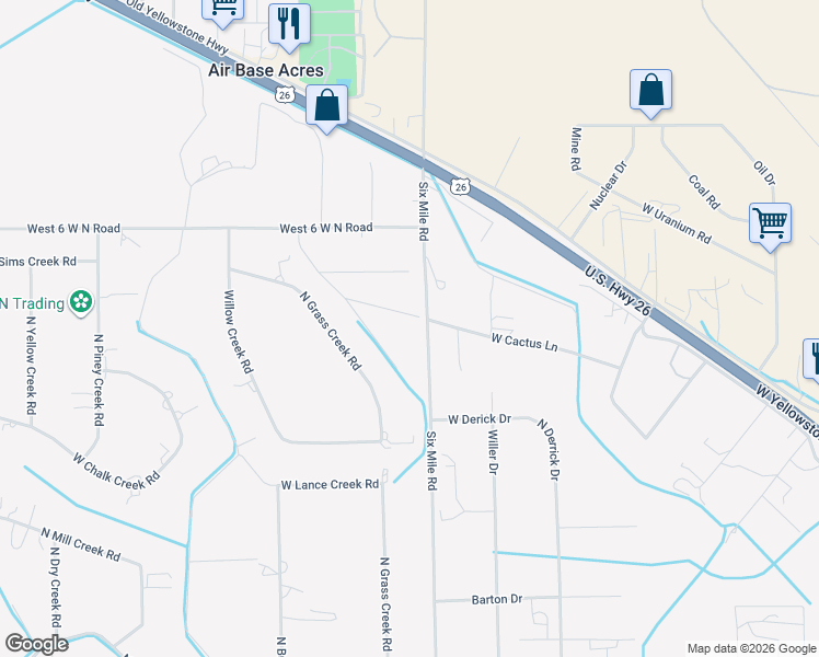 map of restaurants, bars, coffee shops, grocery stores, and more near 7277 W Cactus Ln in Casper