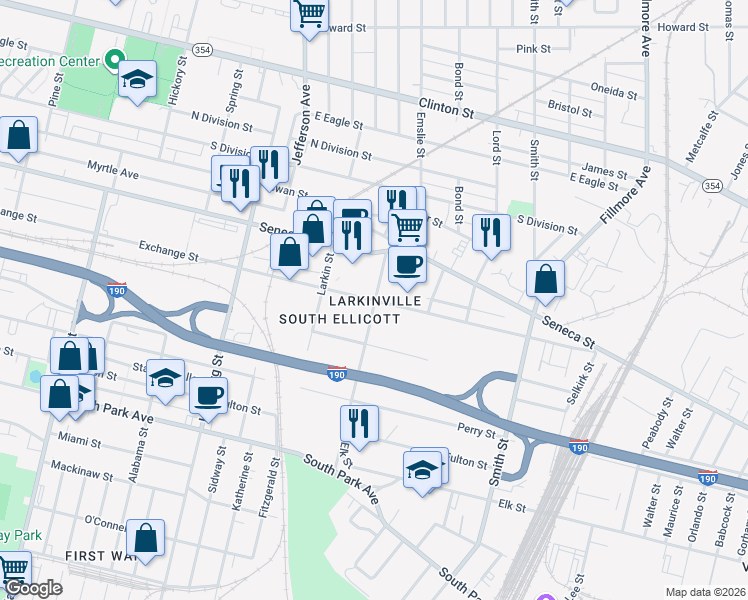 map of restaurants, bars, coffee shops, grocery stores, and more near 726 Exchange Street in Buffalo