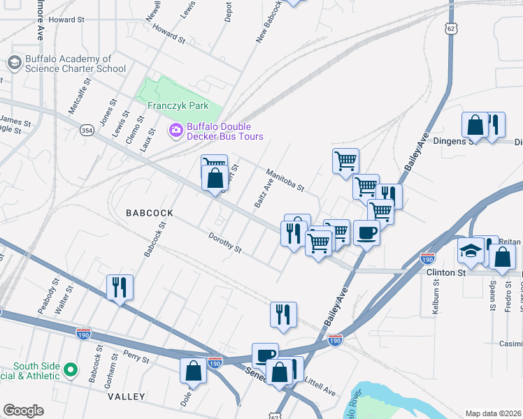 map of restaurants, bars, coffee shops, grocery stores, and more near 1372 Clinton Street in Buffalo