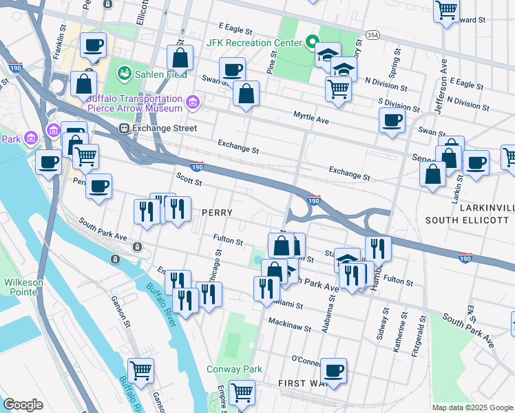 map of restaurants, bars, coffee shops, grocery stores, and more near 312 Perry Street in Buffalo