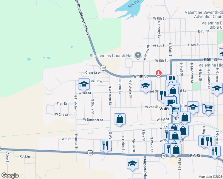 map of restaurants, bars, coffee shops, grocery stores, and more near 700-750 West 3rd Street in Valentine