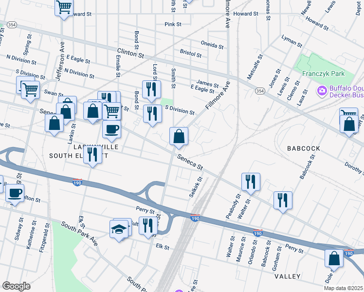 map of restaurants, bars, coffee shops, grocery stores, and more near 906 Seneca Street in Buffalo