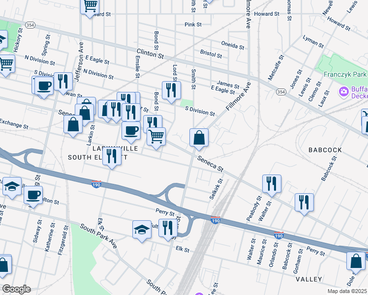 map of restaurants, bars, coffee shops, grocery stores, and more near 888 Seneca Street in Buffalo