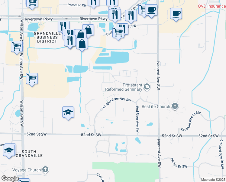 map of restaurants, bars, coffee shops, grocery stores, and more near 3453 Rifle River street Southwest in Wyoming