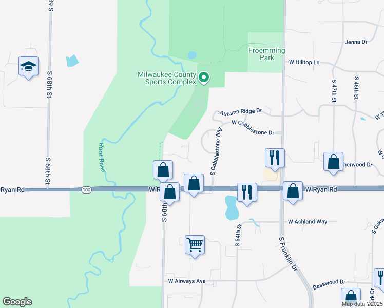 map of restaurants, bars, coffee shops, grocery stores, and more near 5833 West Forest View Court in Franklin