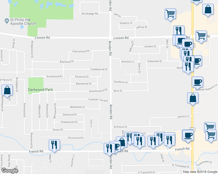 map of restaurants, bars, coffee shops, grocery stores, and more near 4 Autumnwood Dr in Cheektowaga