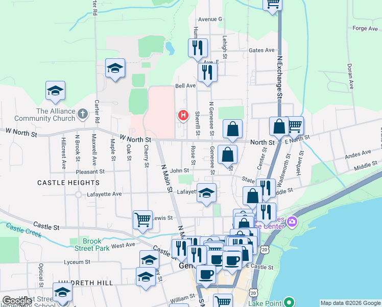 map of restaurants, bars, coffee shops, grocery stores, and more near 33 Folger Street in Geneva