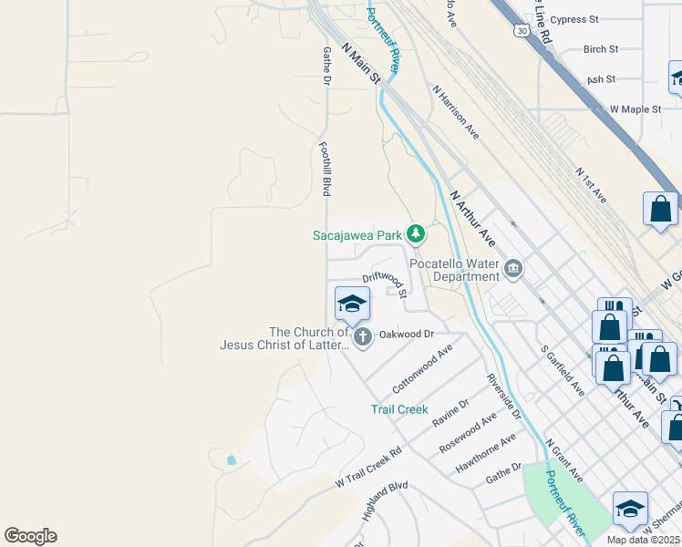map of restaurants, bars, coffee shops, grocery stores, and more near 1 Driftwood Street in Pocatello