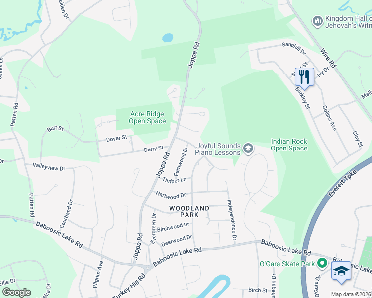 map of restaurants, bars, coffee shops, grocery stores, and more near 11 Fernwood Drive in Merrimack