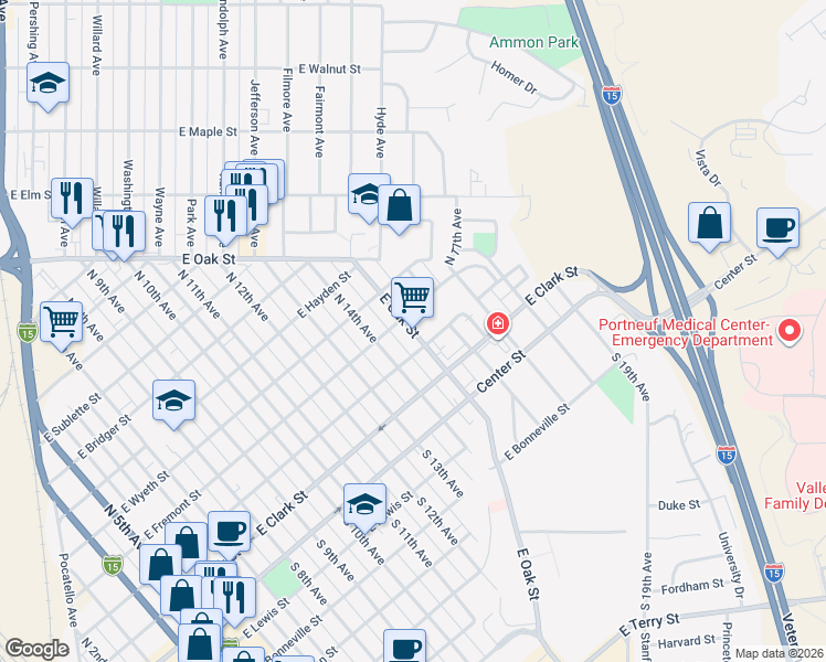 map of restaurants, bars, coffee shops, grocery stores, and more near 344 North 15th Avenue in Pocatello