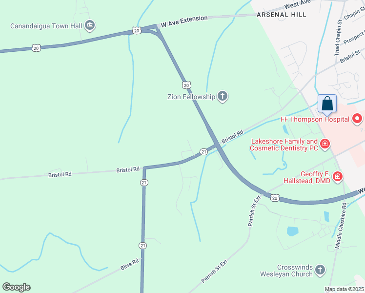 map of restaurants, bars, coffee shops, grocery stores, and more near 3132 State Route 21 in Canandaigua