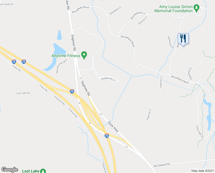 map of restaurants, bars, coffee shops, grocery stores, and more near 14307 Pinehurst Lane in Grand Blanc
