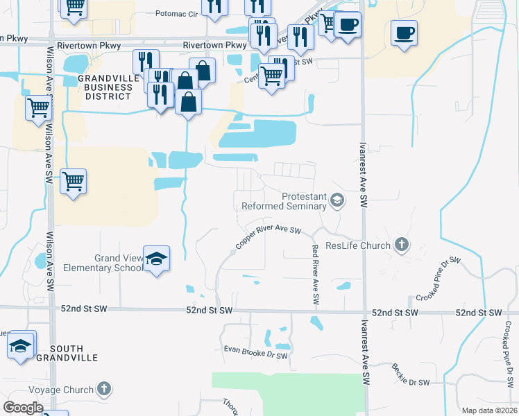 map of restaurants, bars, coffee shops, grocery stores, and more near 3479 Crystal River Street in Wyoming