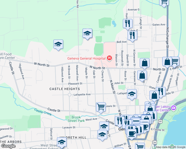map of restaurants, bars, coffee shops, grocery stores, and more near 24 Oak Street in Geneva