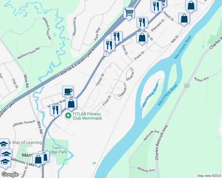 map of restaurants, bars, coffee shops, grocery stores, and more near 3 Harwich Court in Merrimack