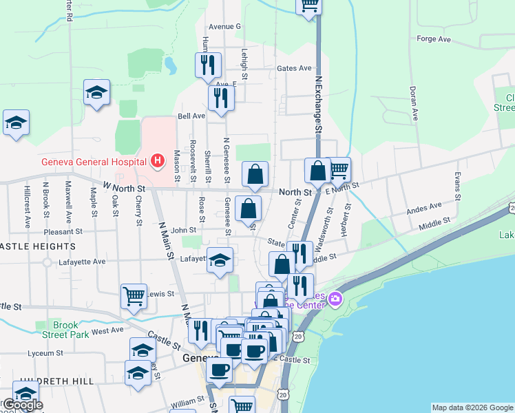 map of restaurants, bars, coffee shops, grocery stores, and more near 27 Clinton Street in Geneva
