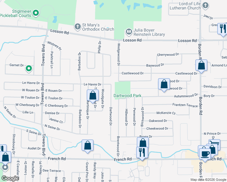 map of restaurants, bars, coffee shops, grocery stores, and more near 161 Dartwood Drive in Buffalo