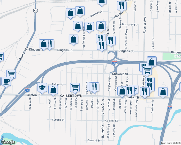 map of restaurants, bars, coffee shops, grocery stores, and more near 95 Weaver Street in Buffalo