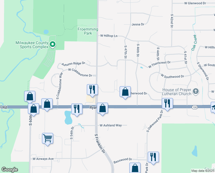 map of restaurants, bars, coffee shops, grocery stores, and more near 9339 South 48th Street in Franklin