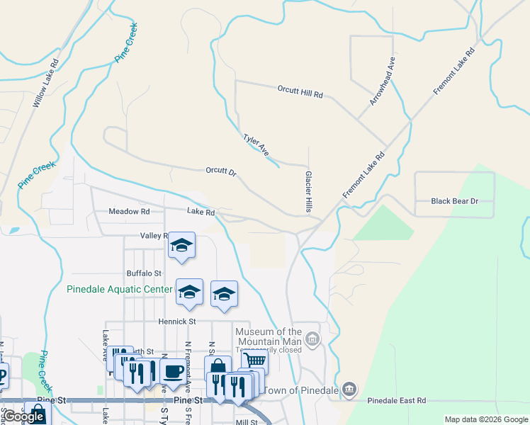 map of restaurants, bars, coffee shops, grocery stores, and more near 304 Lake Road in Pinedale