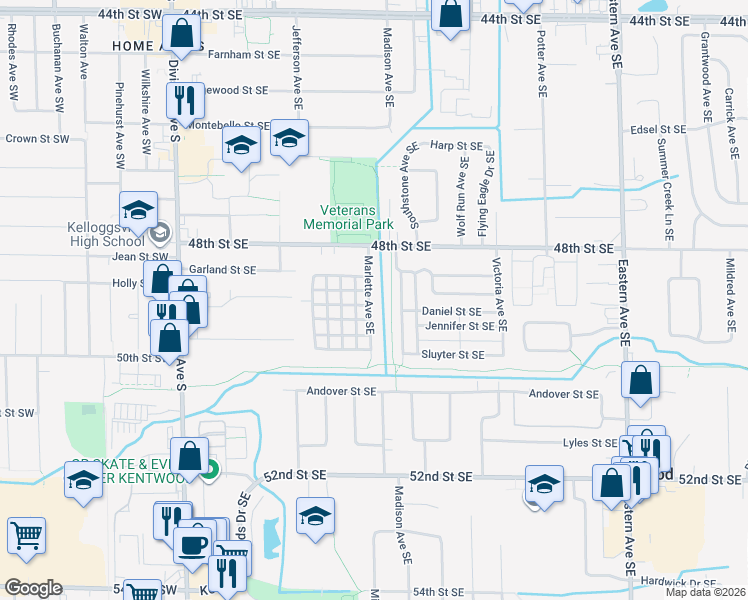 map of restaurants, bars, coffee shops, grocery stores, and more near 4920 Marlette Avenue Southeast in Kentwood