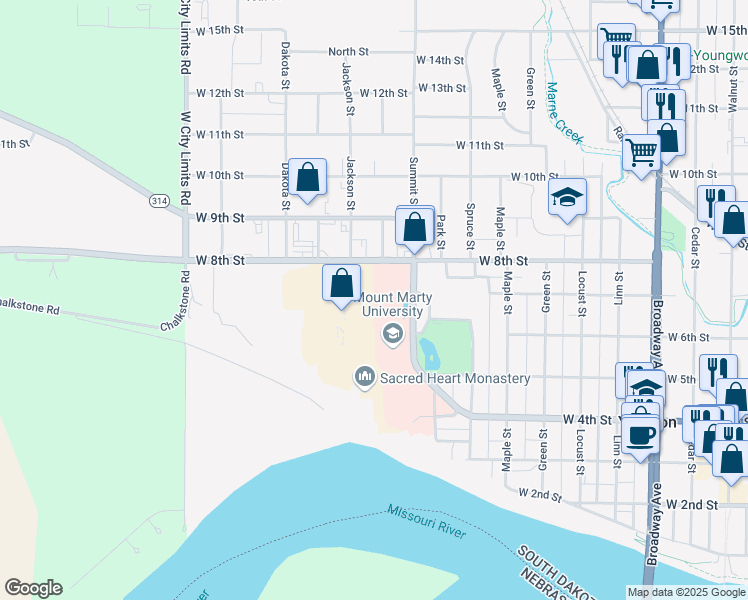 map of restaurants, bars, coffee shops, grocery stores, and more near 1101 West 5th Street in Yankton