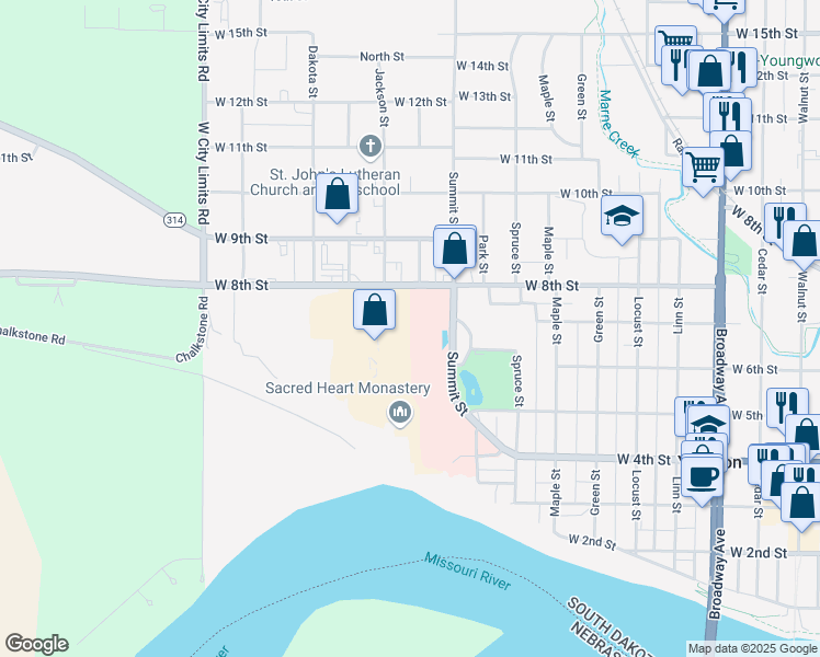 map of restaurants, bars, coffee shops, grocery stores, and more near 1101 West 5th Street in Yankton