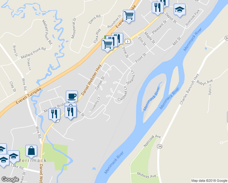 map of restaurants, bars, coffee shops, grocery stores, and more near 15 Clinton Court in Merrimack