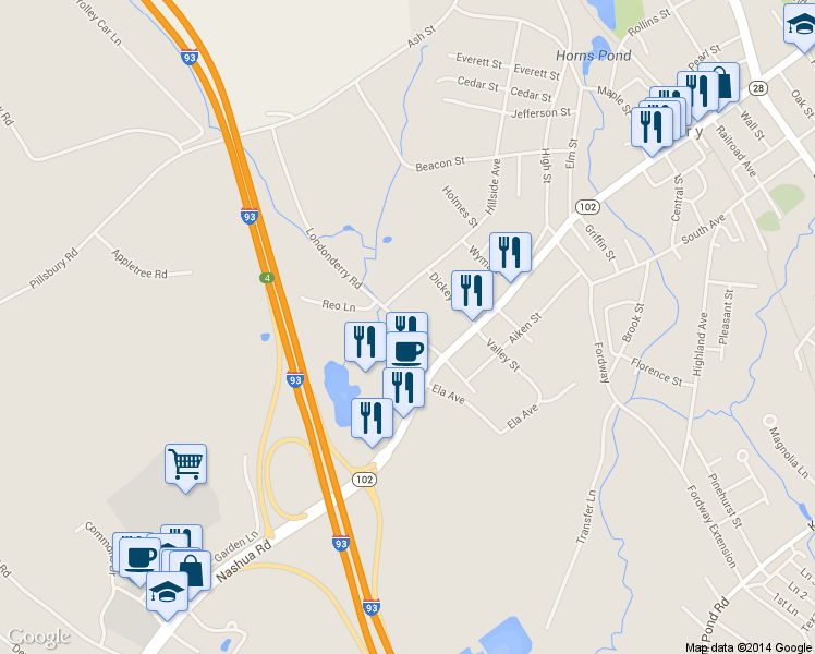 map of restaurants, bars, coffee shops, grocery stores, and more near 82 Londonderry Road in Londonderry