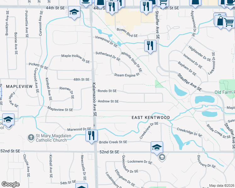 map of restaurants, bars, coffee shops, grocery stores, and more near 1701 Andrew Street Southeast in Kentwood