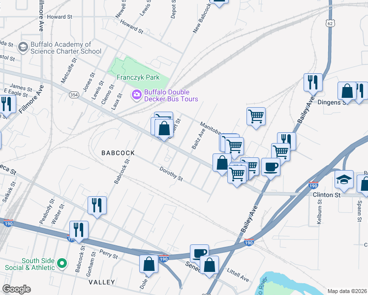 map of restaurants, bars, coffee shops, grocery stores, and more near in Buffalo