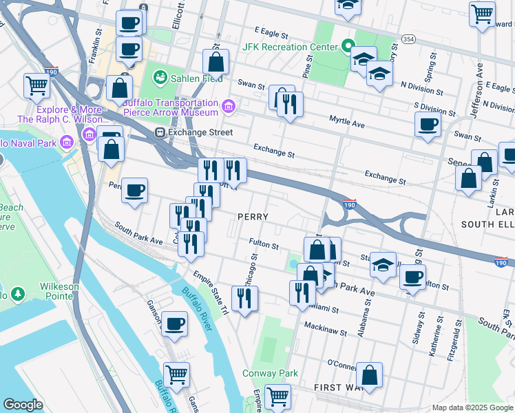 map of restaurants, bars, coffee shops, grocery stores, and more near in Buffalo
