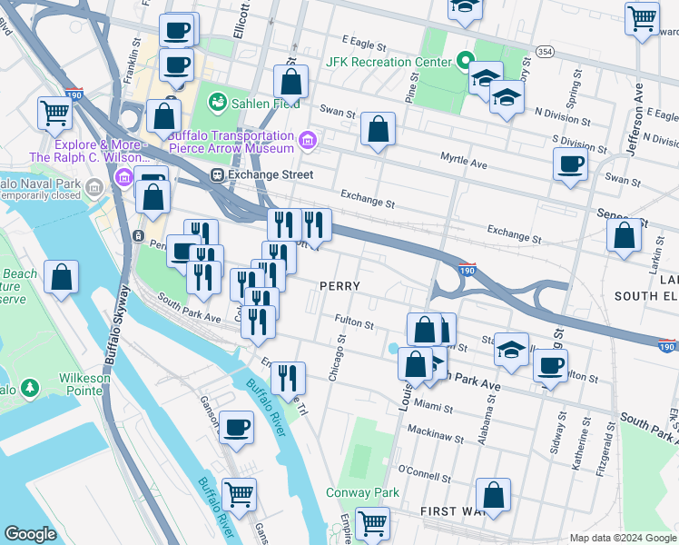 map of restaurants, bars, coffee shops, grocery stores, and more near in Buffalo