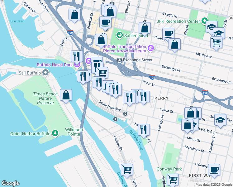 map of restaurants, bars, coffee shops, grocery stores, and more near 49 Illinois Street in Buffalo