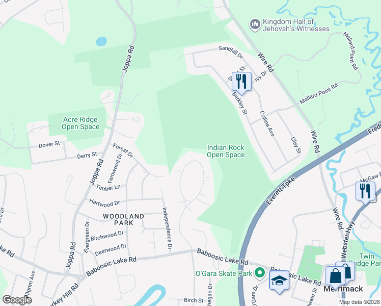 map of restaurants, bars, coffee shops, grocery stores, and more near 171 Indian Rock Road in Merrimack