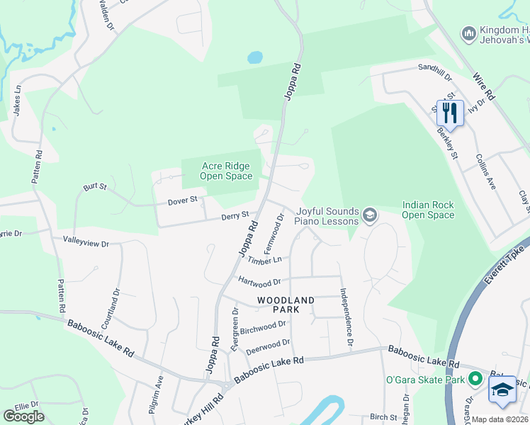 map of restaurants, bars, coffee shops, grocery stores, and more near 11 Fernwood Drive in Merrimack