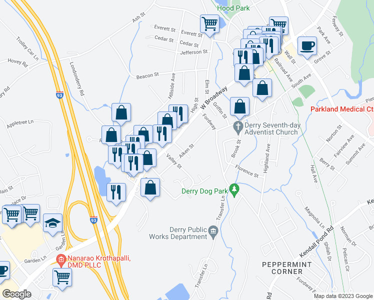 map of restaurants, bars, coffee shops, grocery stores, and more near 10 Aiken Street in Derry