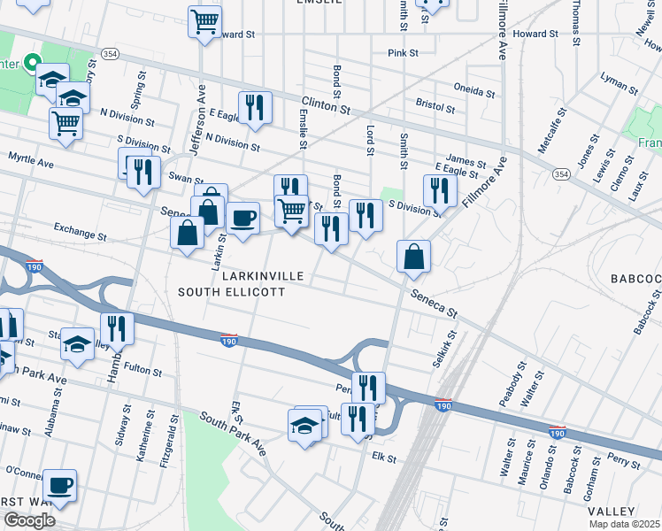 map of restaurants, bars, coffee shops, grocery stores, and more near 796 Exchange Street in Buffalo
