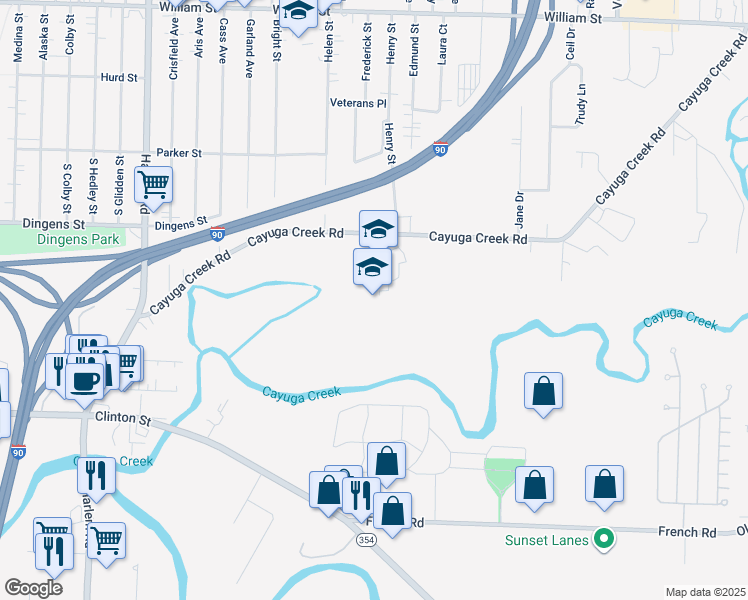 map of restaurants, bars, coffee shops, grocery stores, and more near 305 Cayuga Creek Road in Cheektowaga