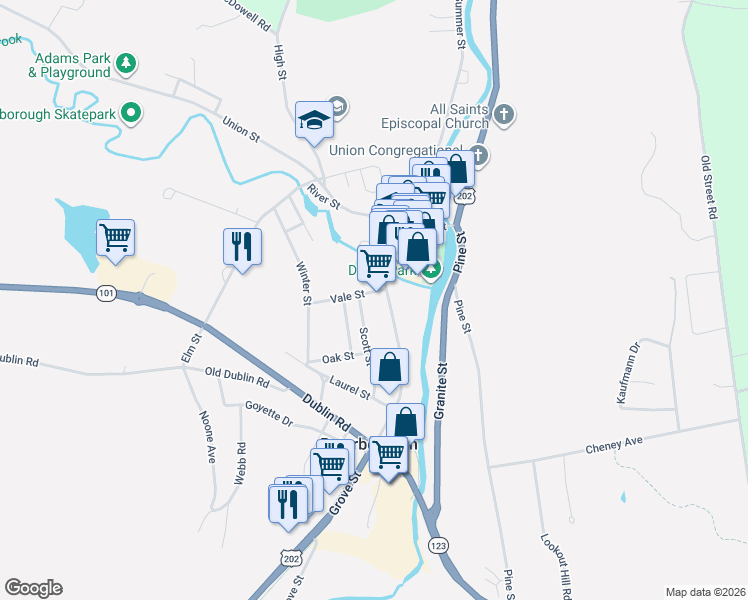 map of restaurants, bars, coffee shops, grocery stores, and more near 43 Grove Street in Peterborough