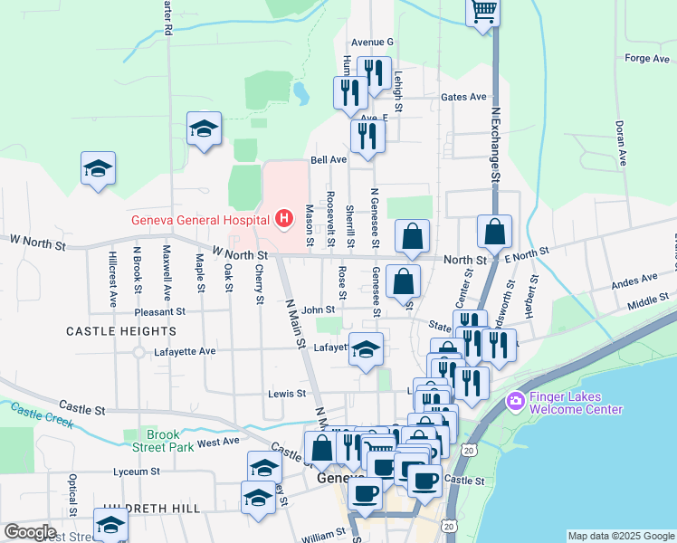 map of restaurants, bars, coffee shops, grocery stores, and more near 33 Folger Street in Geneva