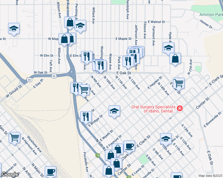 map of restaurants, bars, coffee shops, grocery stores, and more near 735 North 10th Avenue in Pocatello