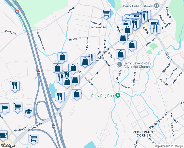 map of restaurants, bars, coffee shops, grocery stores, and more near 18 1/2 Aiken Street in Derry