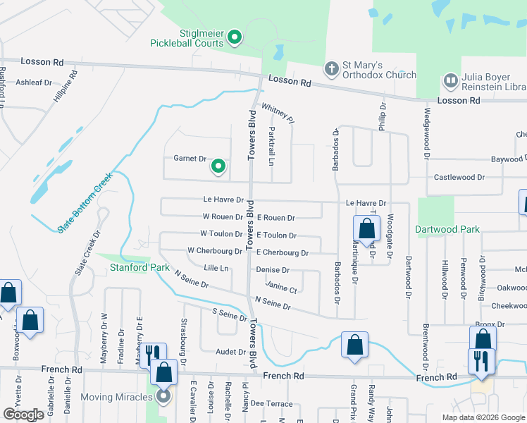 map of restaurants, bars, coffee shops, grocery stores, and more near 16 East Toulon Drive in Buffalo