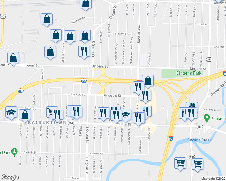 map of restaurants, bars, coffee shops, grocery stores, and more near 96 Pleasant Parkway in Buffalo