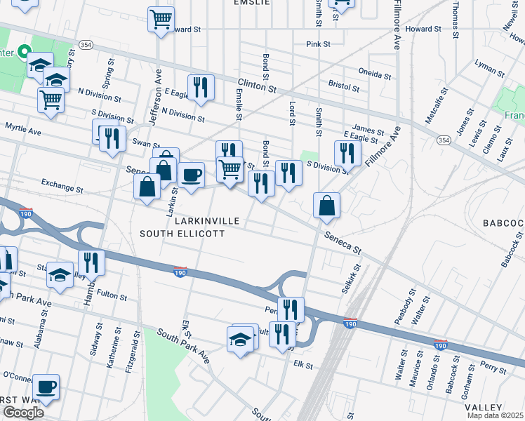 map of restaurants, bars, coffee shops, grocery stores, and more near 796 Exchange Street in Buffalo