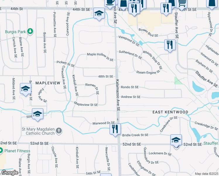 map of restaurants, bars, coffee shops, grocery stores, and more near 4909 Kalamazoo Avenue Southeast in Kentwood