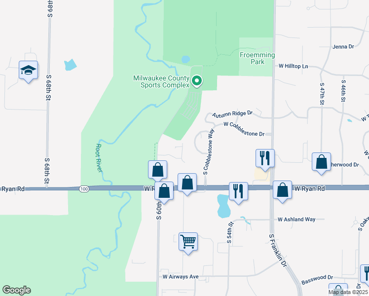 map of restaurants, bars, coffee shops, grocery stores, and more near 5833 West Forest View Court in Franklin